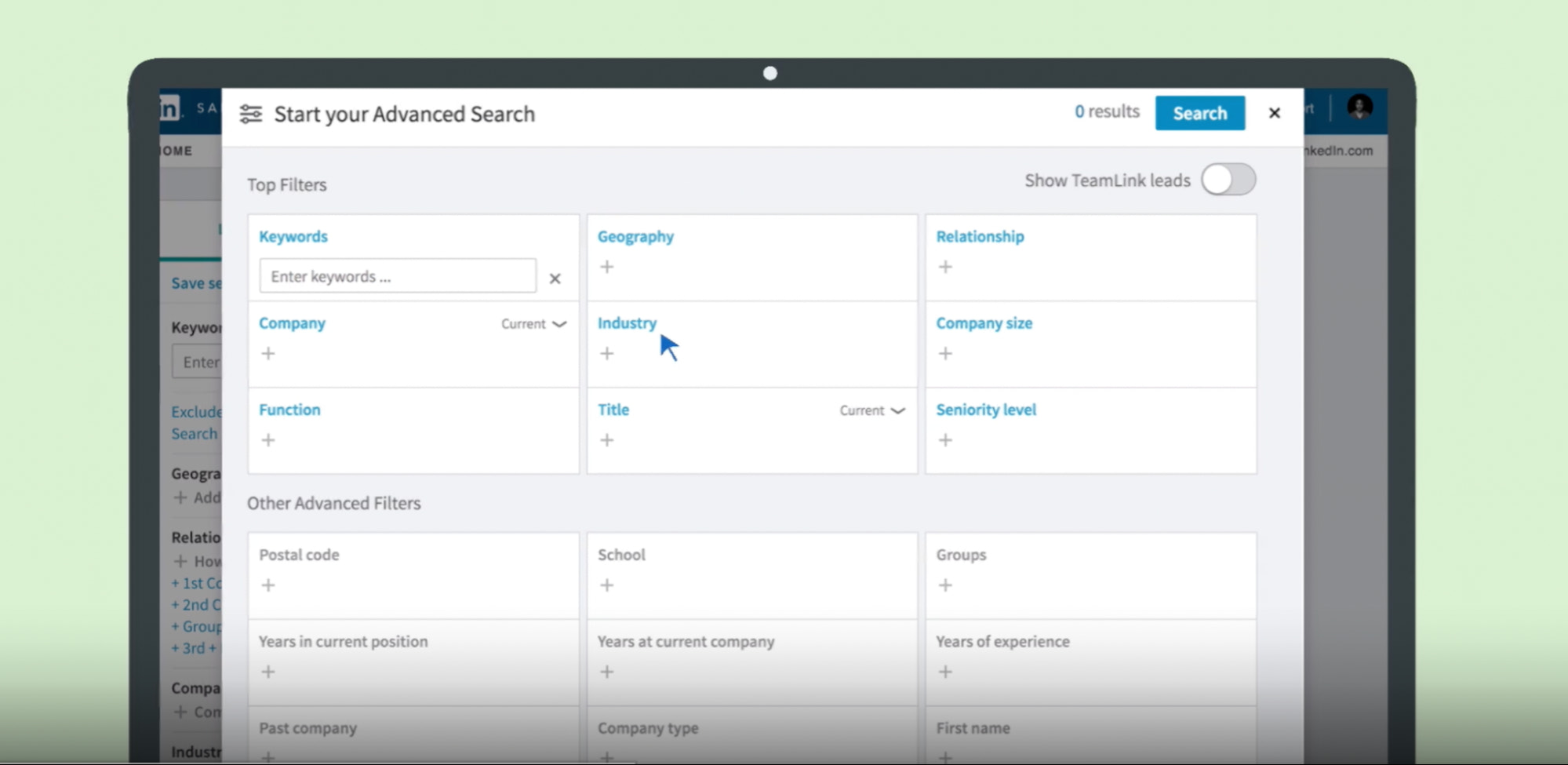 Illustration of LinkedIn’s sales navigator tool shown on a laptop screen.