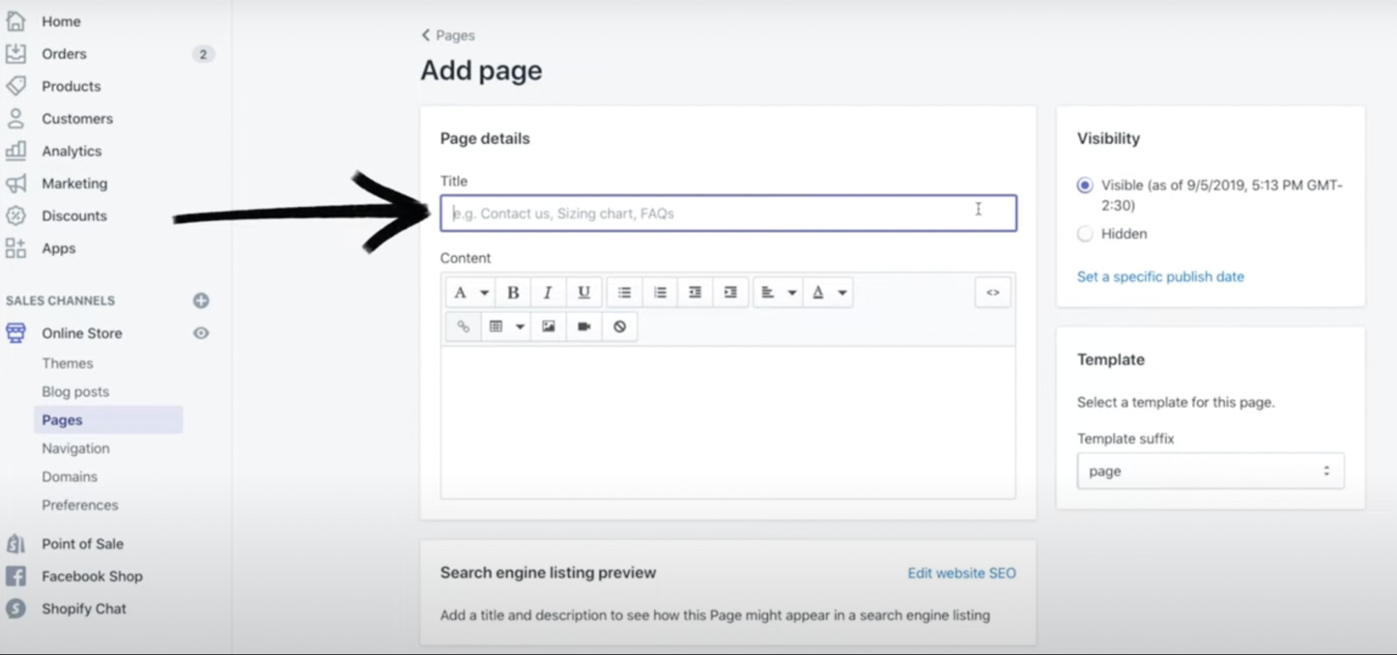 Shopify admin screenshot showing step 2