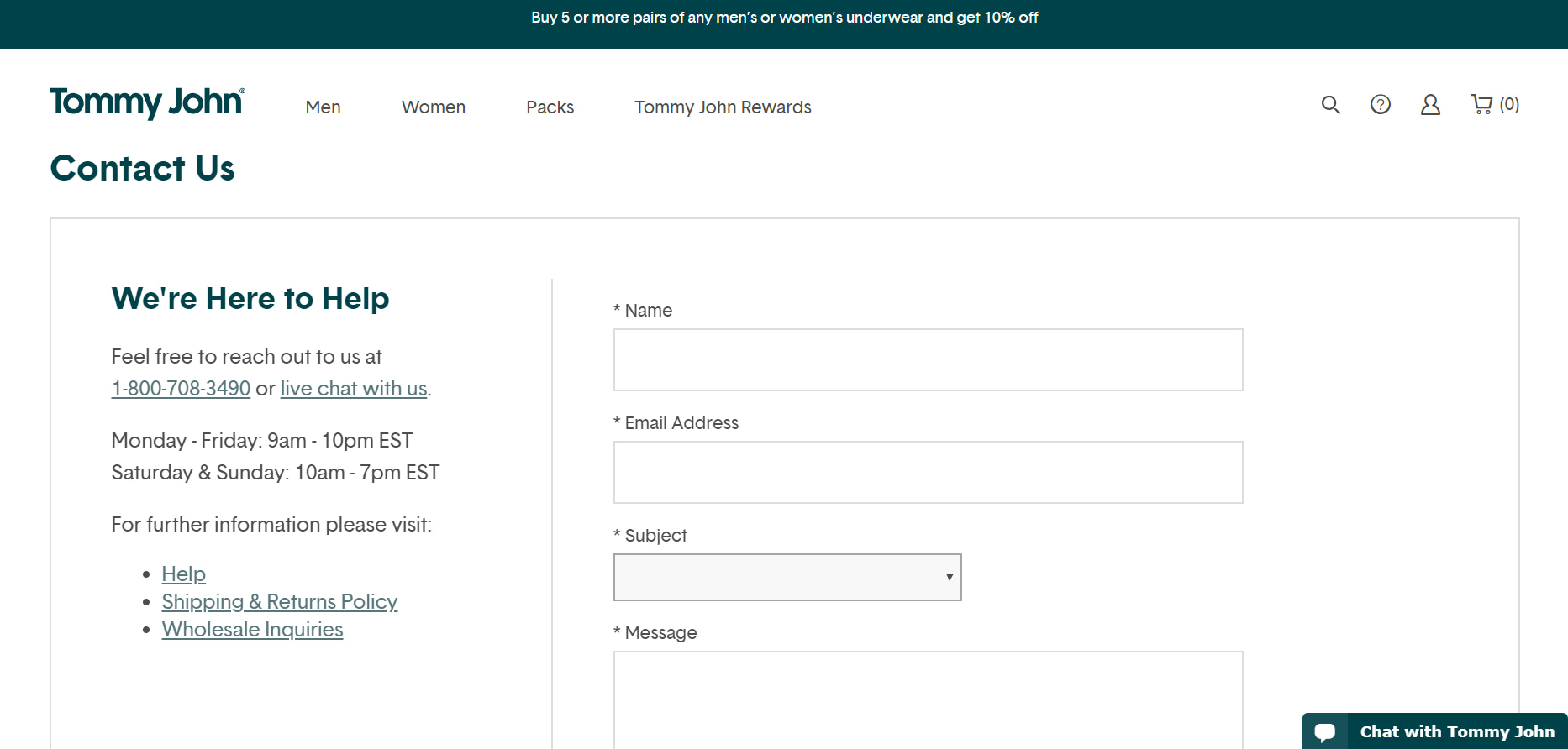 Tommy John contact us page