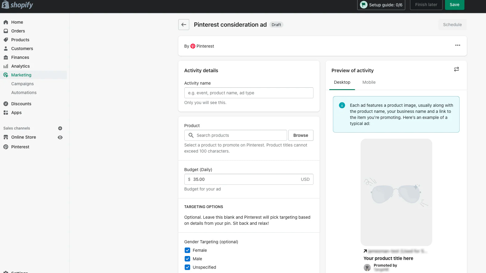 Shopify dashboard showing options for creating a Pinterest product ad.