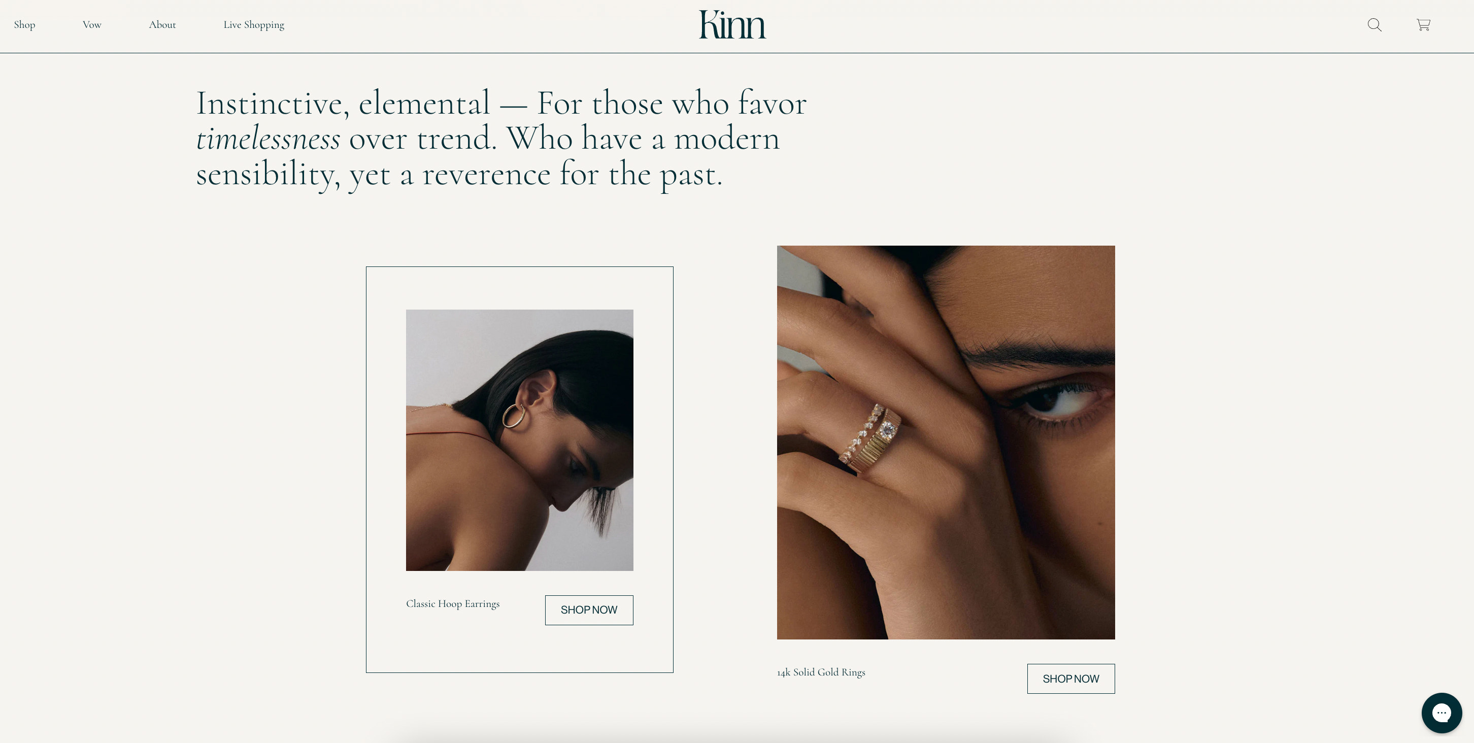 Kinn's homepage that explains the brand's values with prompts to shop now