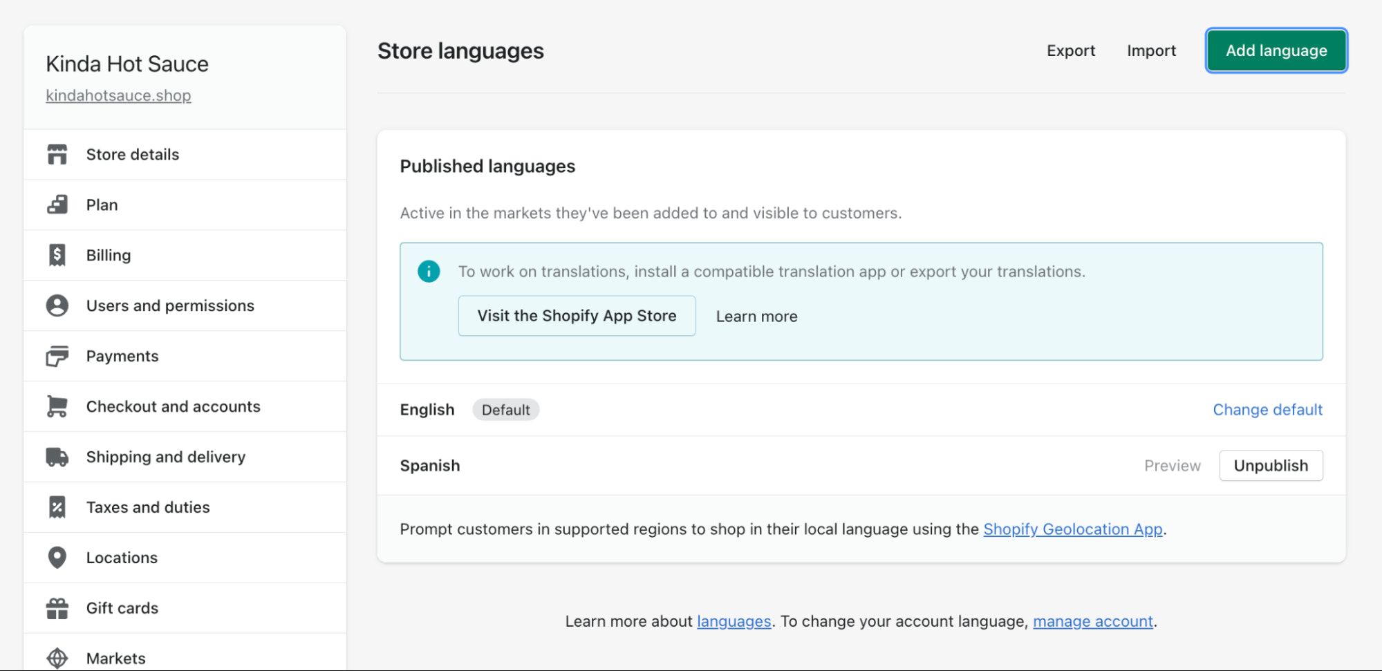 language settings in shopify