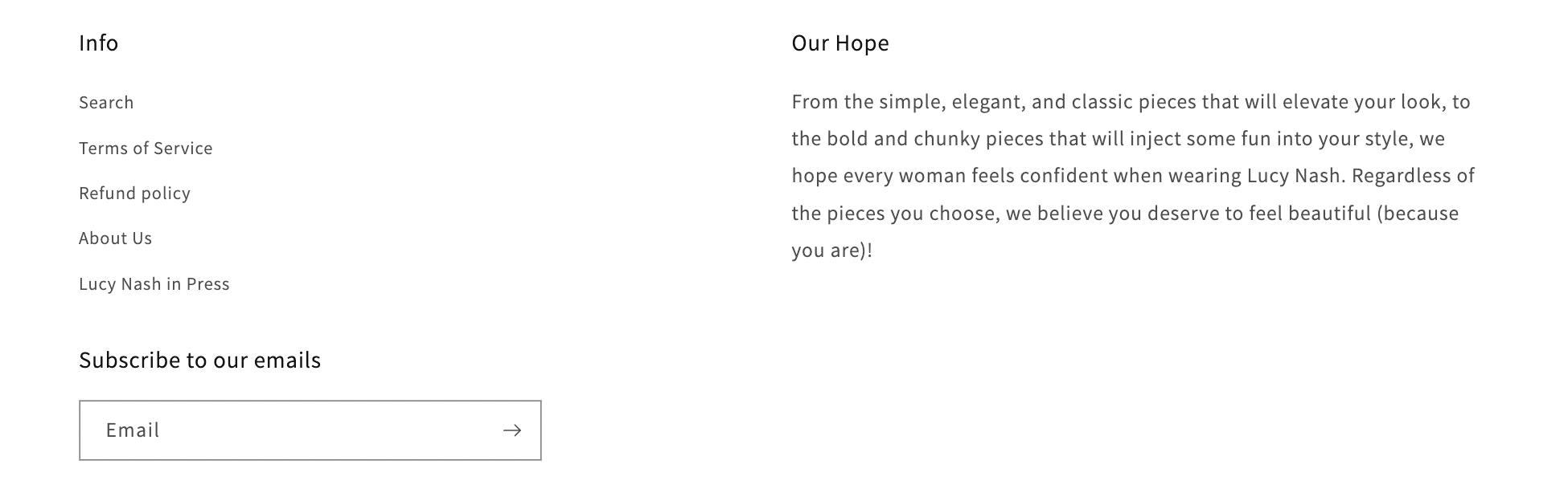 Footer of Lucy Nash’s website showcasing its brand mission—“simple, elegant, and classic pieces that will elevate your look.”