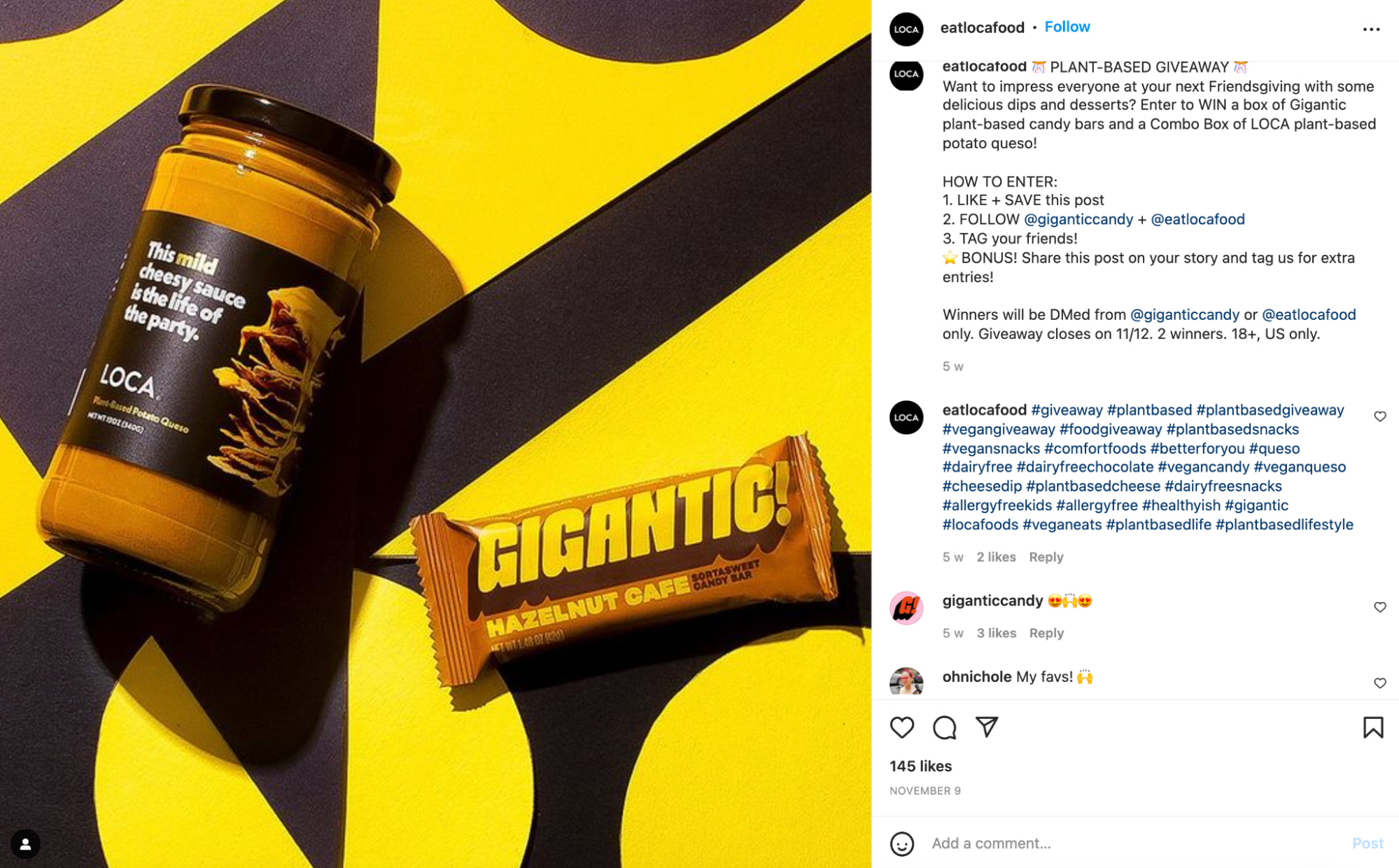 Marketing idea used by Eat Local Food on Instagram to increase engagement with a giveaway