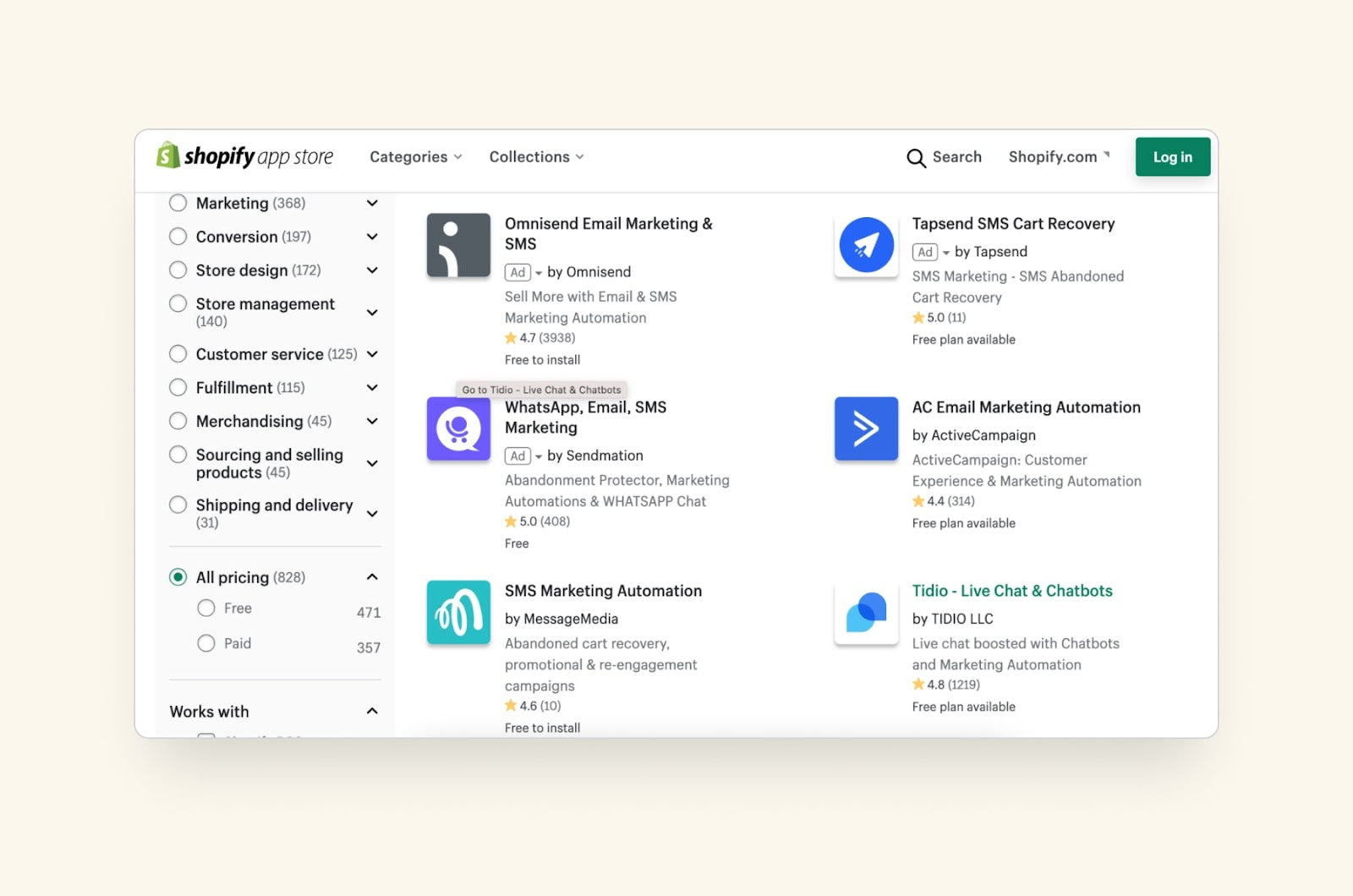Screenshot of some of Shopify’s marketing automation tools, Shopify app library