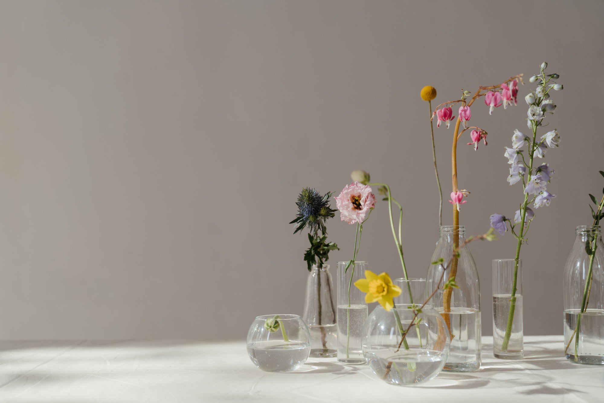 A group of clear vases holding individual flowers