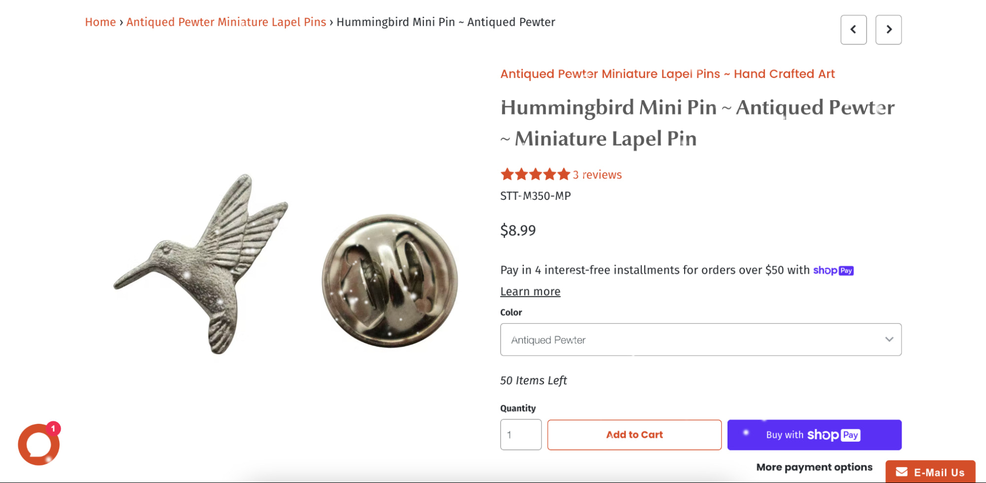 Screenshot of a hummingbird pin on Shopify