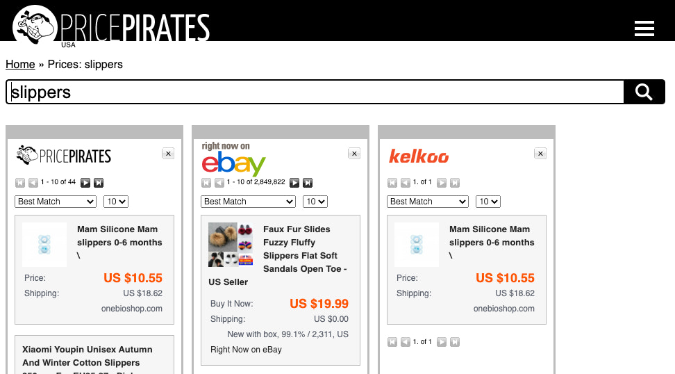 A search results page with three results for “Slippers” from marketplaces including eBay and Kelkoo.”