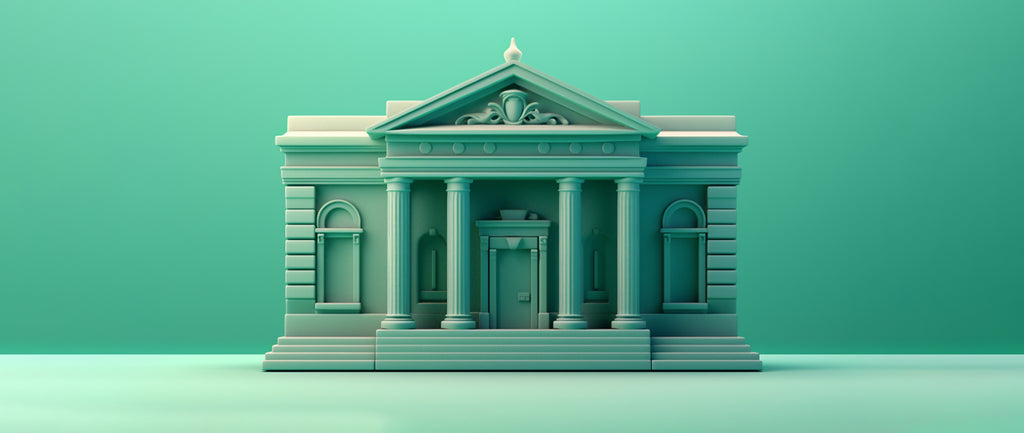 digital rendering of a classic bank building with columns: sba 504 loan