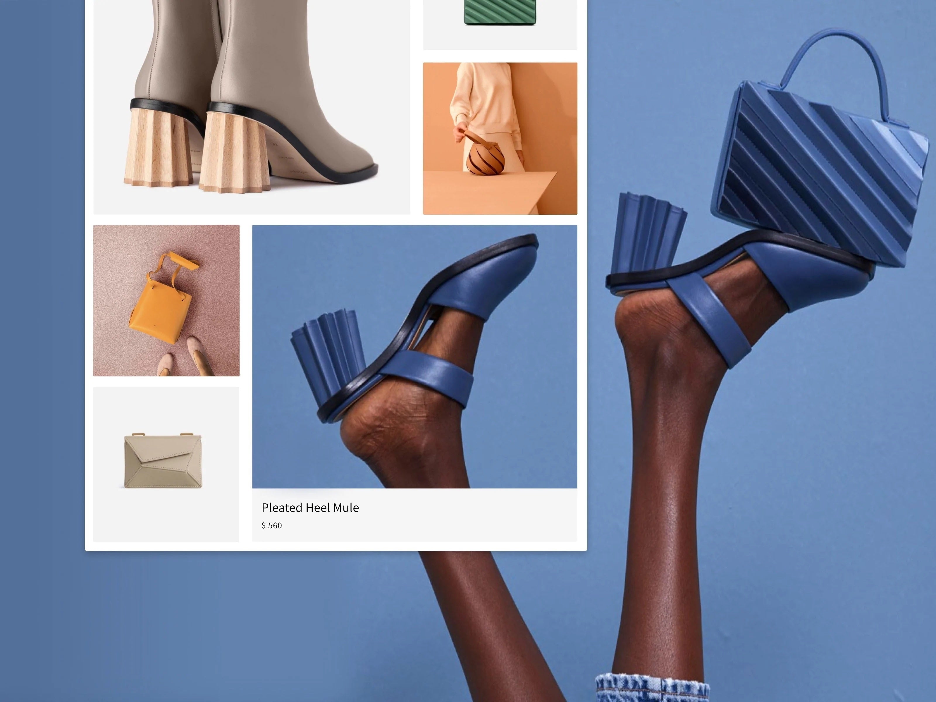 Graphic of a fashion brand webpage laid over a large photo of legs modelling shoes and a purse