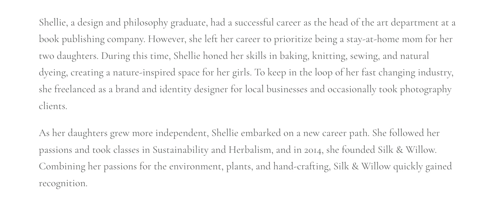 An About us page on Silk & Willow's website