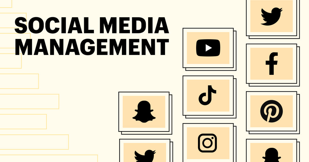 social media management on left, right is icons of popular social channels like snap, twitter, instagram, facebook