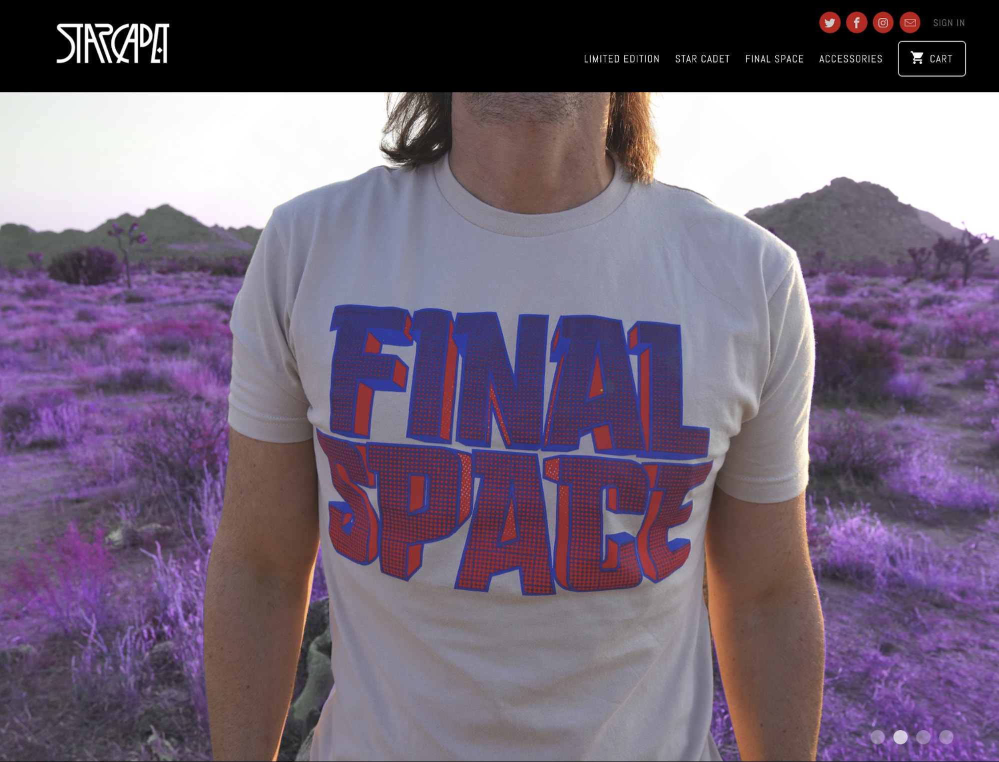 Star Cadet homepage with a person modelling a white t-shirt in a purple-tinted desert landscape