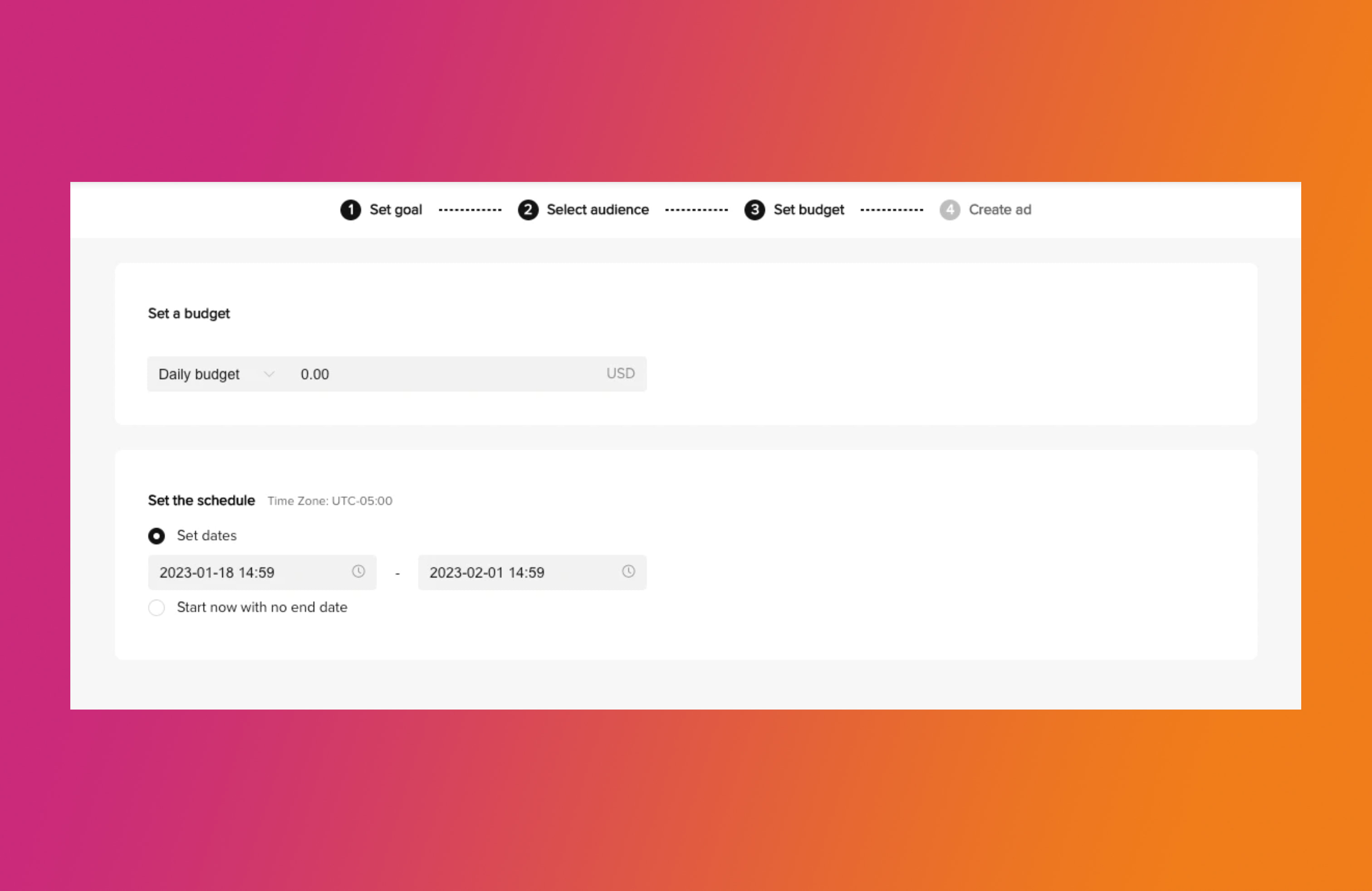 TikTok Ads interface screen showing budget options