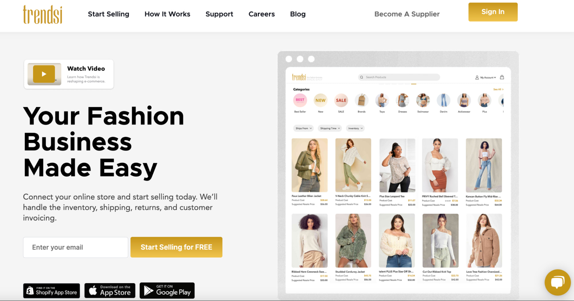 Screenshot of the Trendsi homepage