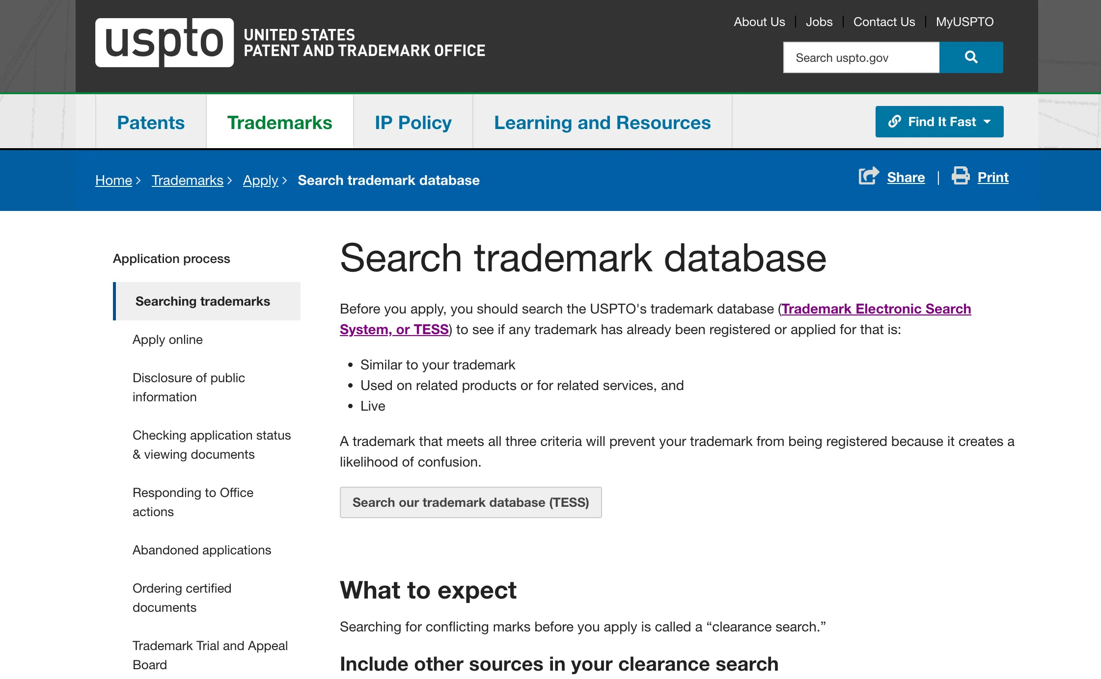 screengrab of the united states' website for registering a trademark