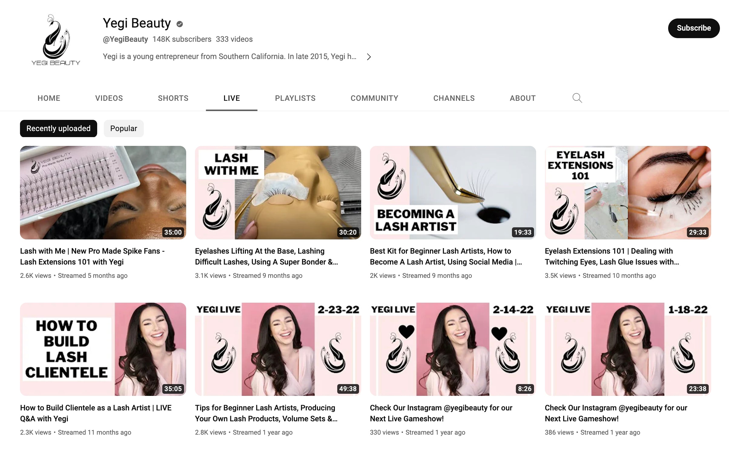 Screengrab of a YouTube channel for Yegi Beauty