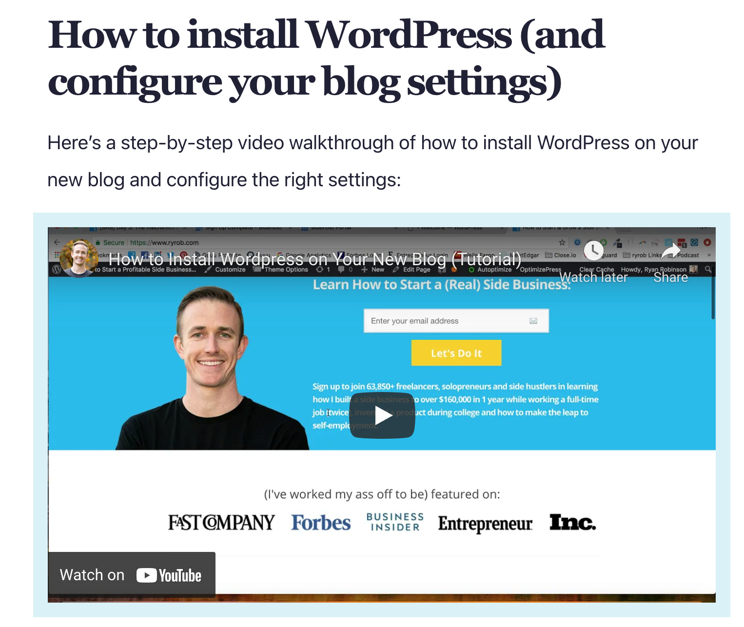 Example of YouTube affiliate marketer, Ryan Robinson, creating a video on how to install wordpress blog plugins