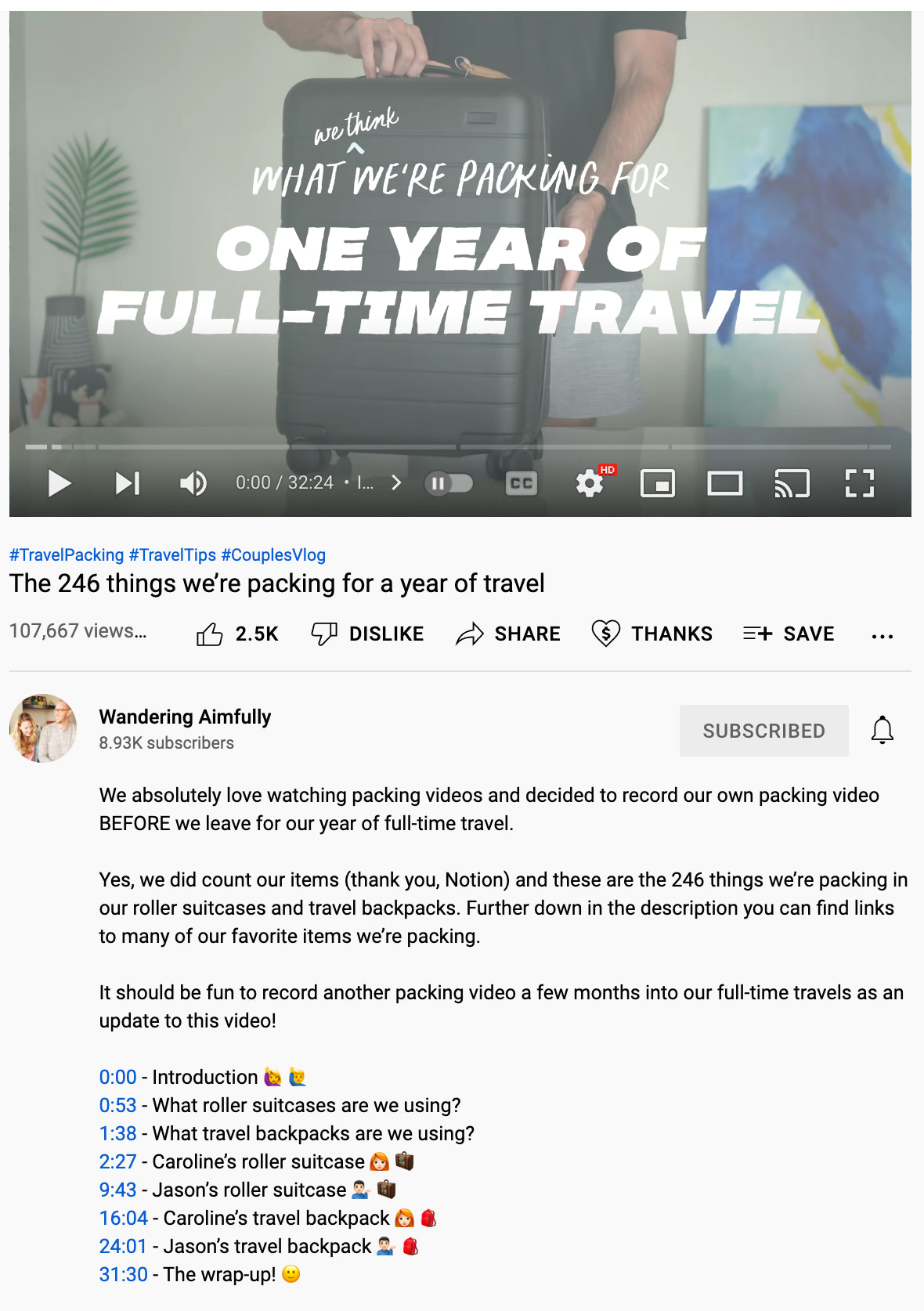 Image of YouTube channel, Wandering Aimfully, using jump links for viewers to skip to the video section they want to view