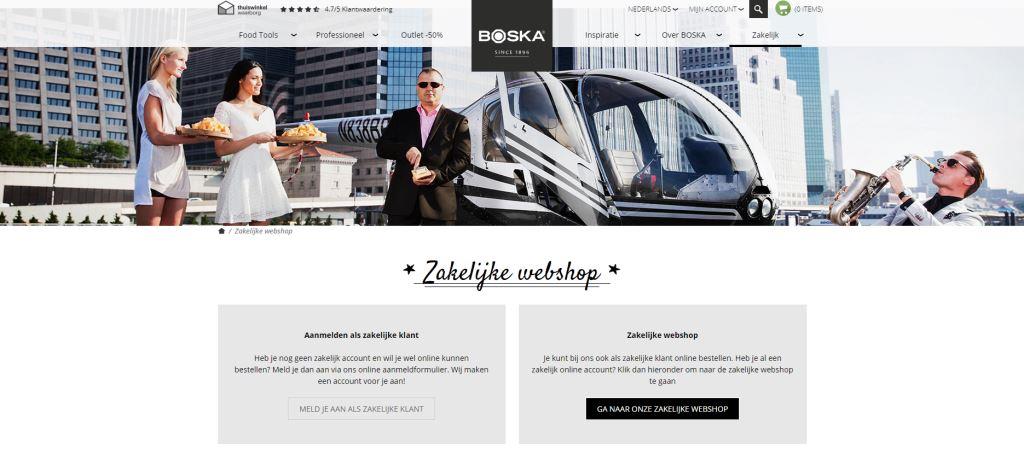 Screenshot van het zakelijke B2B gedeelte van de website van BOSKA