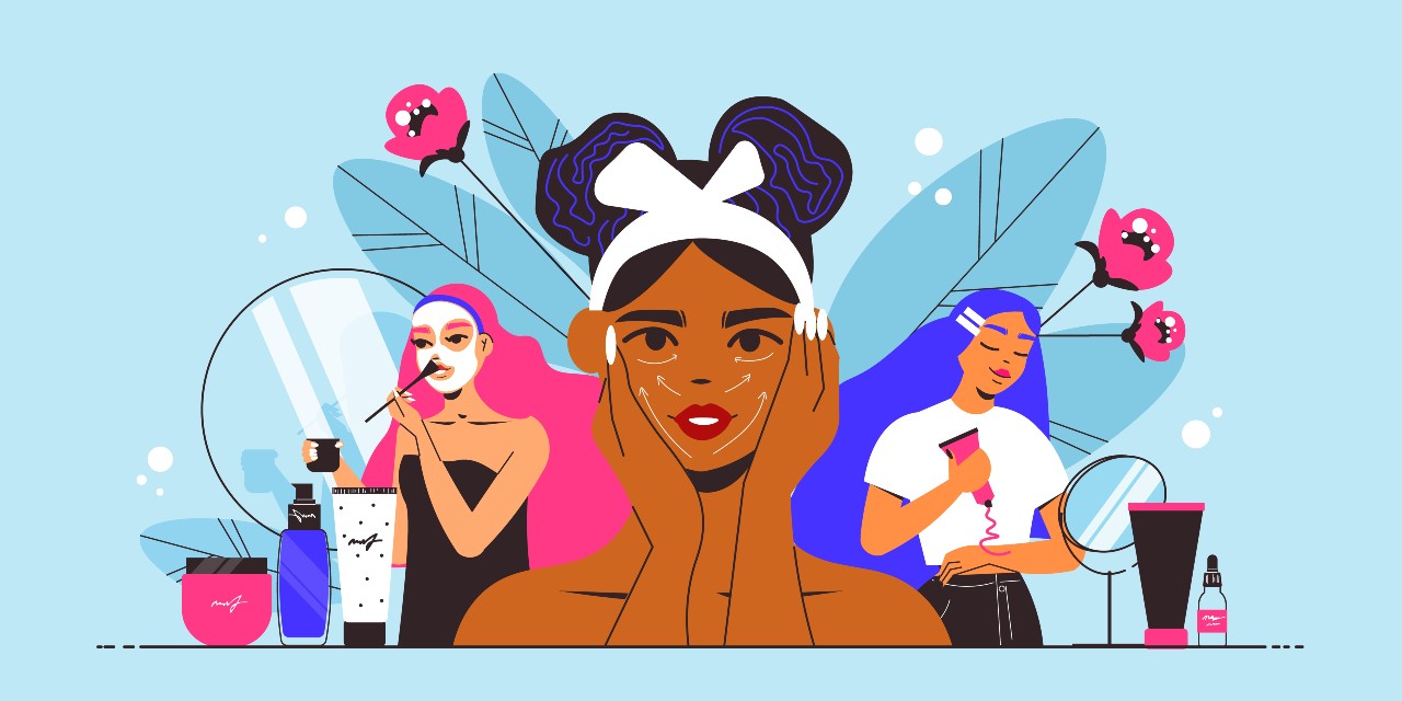 Ilustração: três mulheres experimentando produtos de cosméticos e skincare
