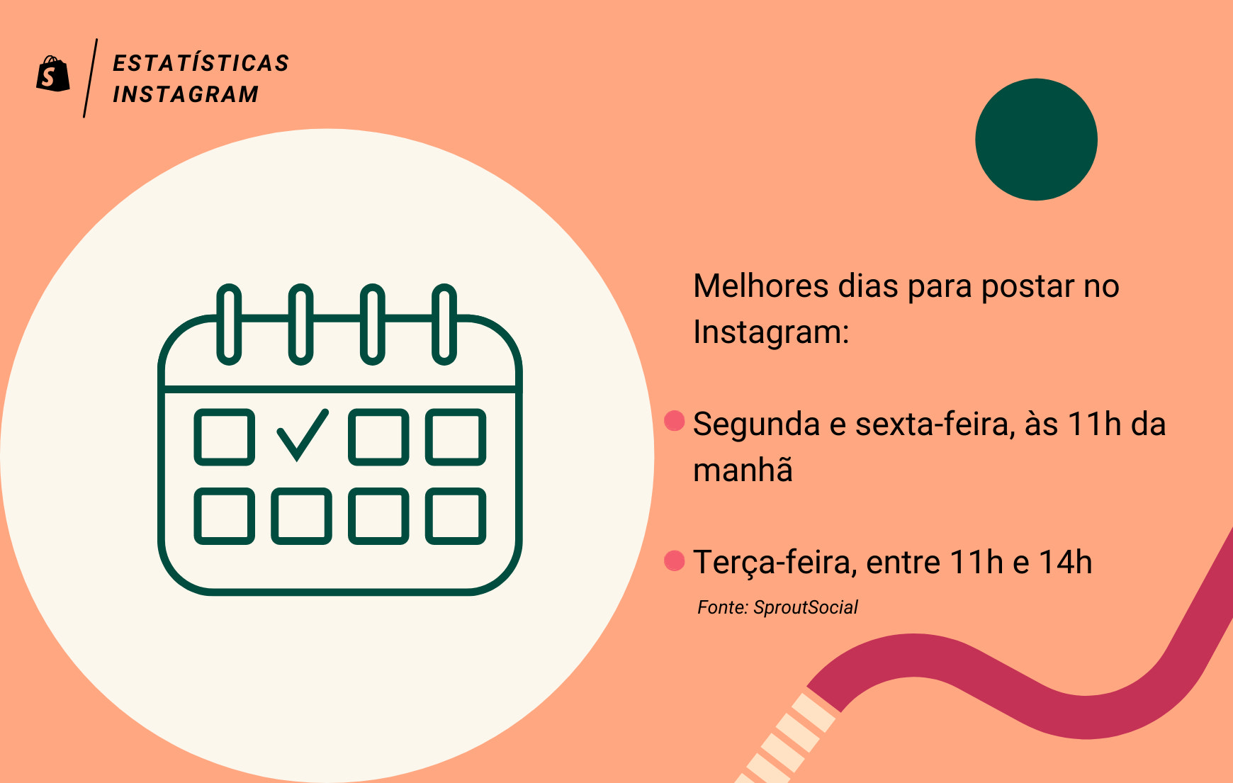 Imagem informativa sobre estatísticas Instagram. Além do fundo em cor salmão, vê-se uma ilustração de um calendário