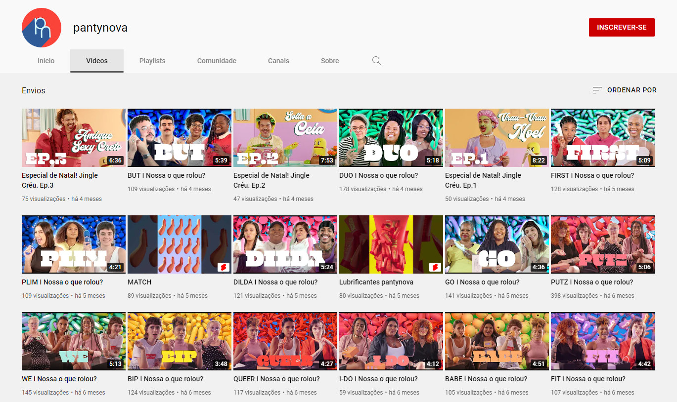 Captura de tela do canal da Pantynova no YouTube, que dá uma aula sobre como otimizar conteúdos para o algoritmo do YouTube: todos as miniaturas possuem uma consistência visual, e as legendas e títulos dos vídeos são instigantes.