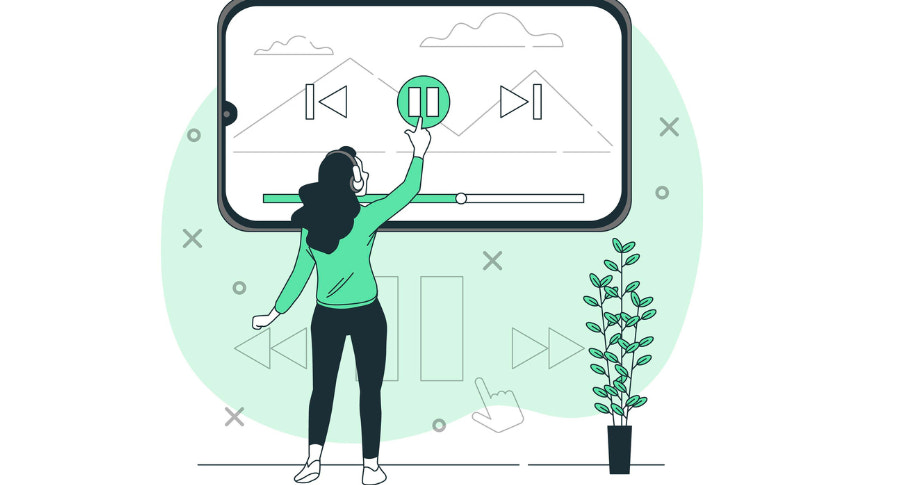 Como funciona a monetização YouTube? Uma ilustração em tons de branco, verde e preto. Uma moça vestindo calças pretas e camiseta verde está de costas para a tela. Ela está clicando no