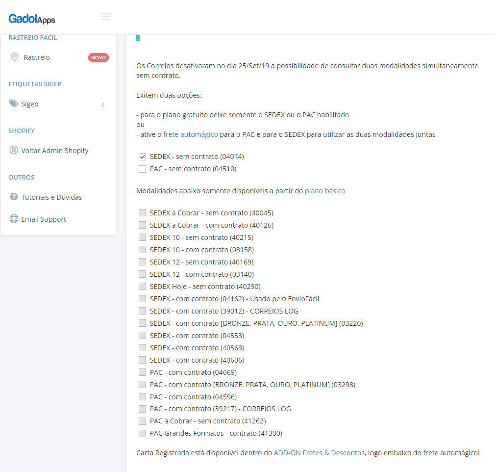 Captura de tela que mostra o app da Gadol, depois de ser configurado no admin da Shopify