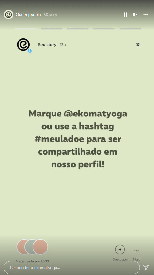 抓拍图片Insta故事da Ekomat。快乐的plano de fundo é绿色的claro e em priiro plano há uma mensagem da marca。