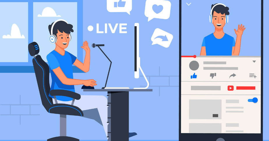 Ilustração que mostra um YouTuber desenvolvendo conteúdos que serão processados pelo algoritmo do YouTube e sugeridos para os usuários. No canto esquerdo da imagem, o jovem está sentado na frente de seu computador, falando para a câmera do computador; no lado direito, uma visualização de um vídeo do canal dele sendo exibido em um smartphone.