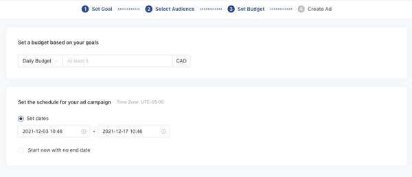 Captura de tela mostra a etapa de orçamento da criação de um anúncio no TikTok For Business. Na tela, lê-se em inglês:
