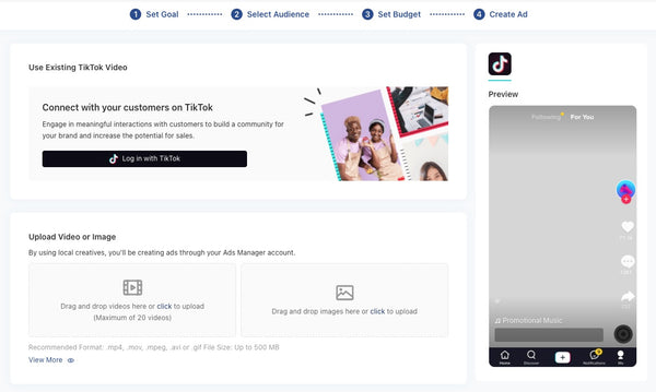 Captura de tela mostra a última etapa de criação de um anúncio no TikTok For Business. Na tela, lê-se em inglês duas opções: