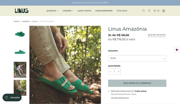 捕捉蓝藻Amazônia, que é uma sandália蓝藻na cor verde vibrante。O produto está disponível na loja virtual da Linus。
