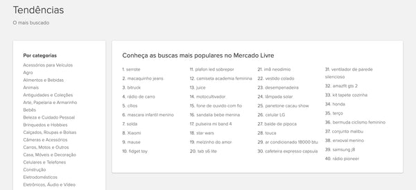 Captura de tela mostra página de tendências do Mercado Livre. À esquerda, há uma coluna chamada