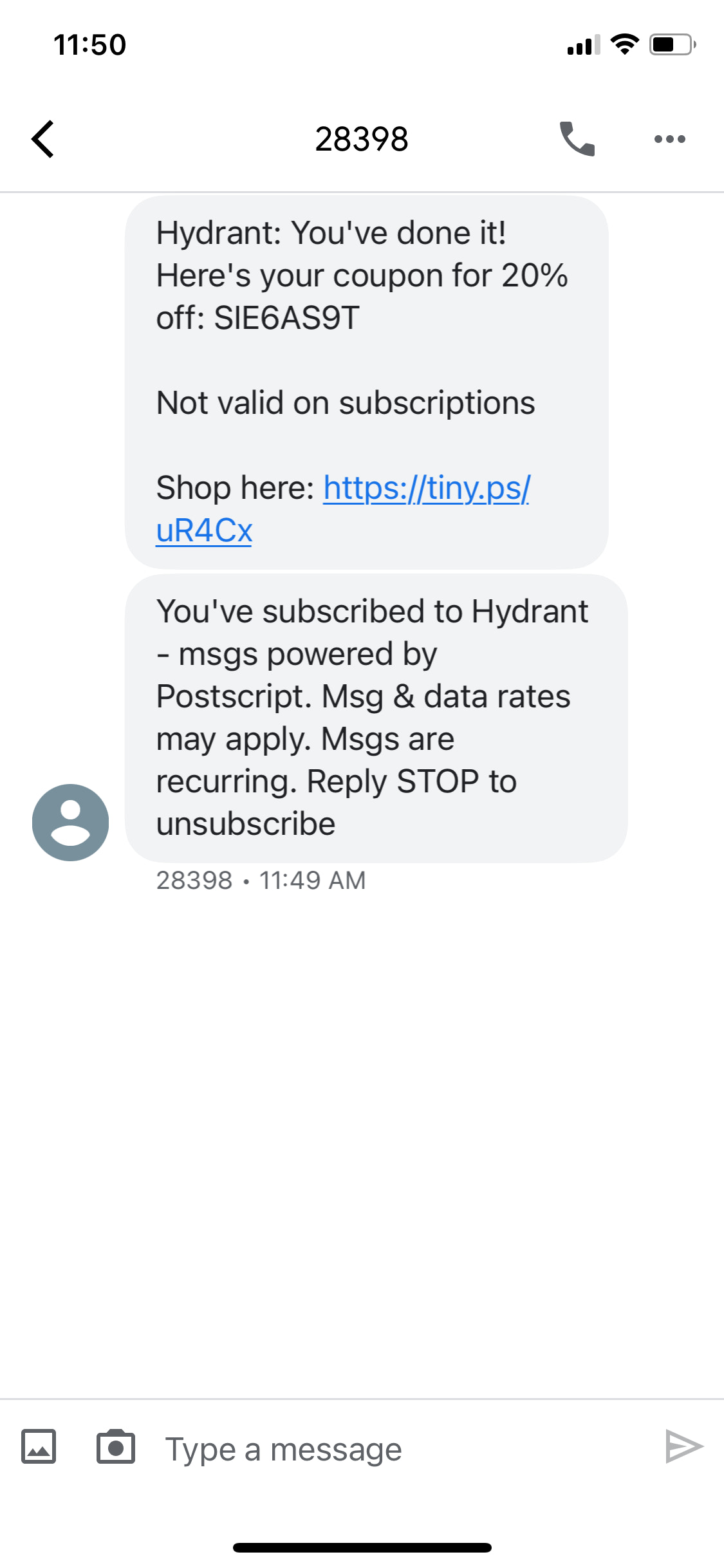 Hydrant welcome SMS