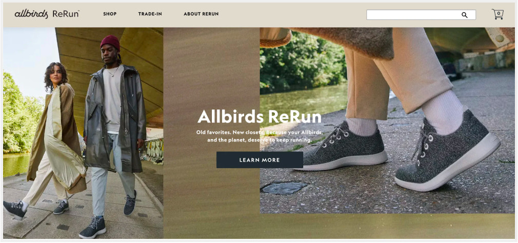 Allbirds ReRun landing page showing images of a man and woman wearing gray Allbirds shoes.