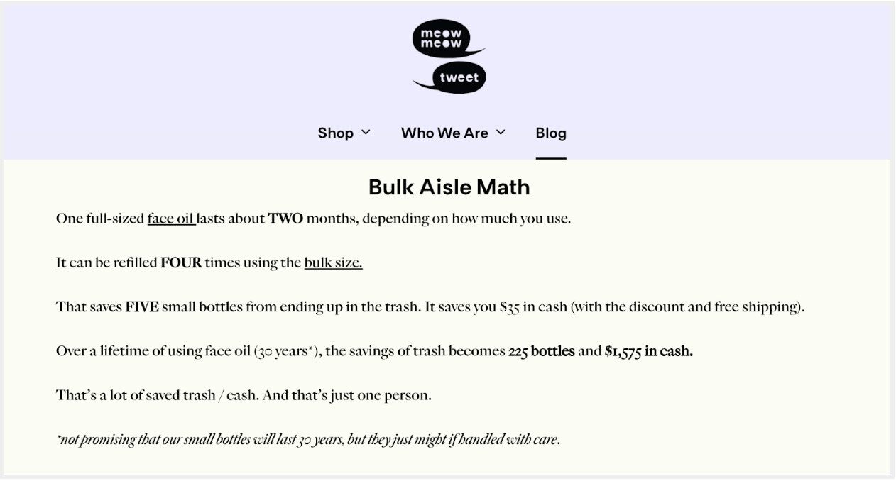 Landing page by Meow Meow Tweet that describes how one full-sized face oil lasts two months, but it can be refilled four times to prevent five bottles ending up in trash.