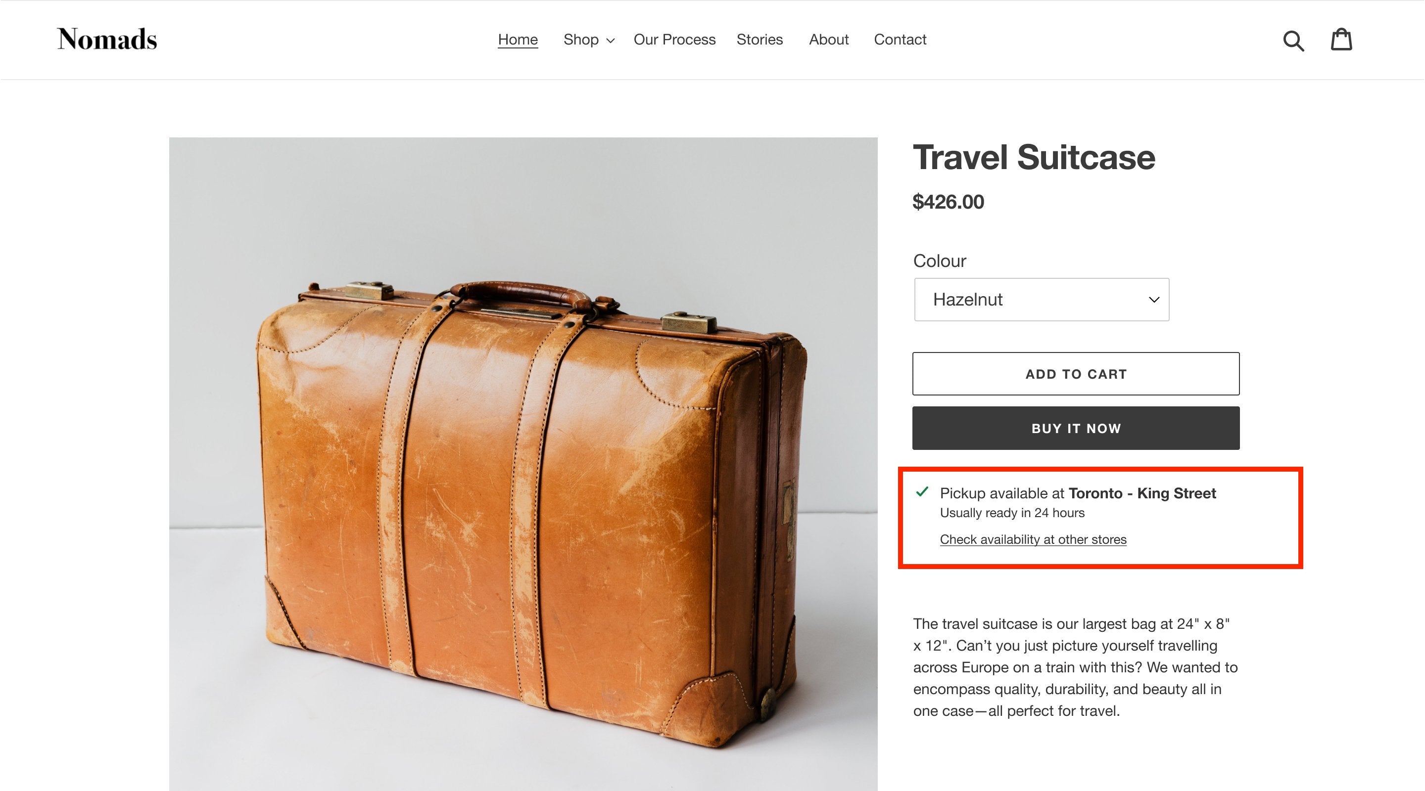 皮具零售商Nomad在其产品页面上显示了店内提货服务