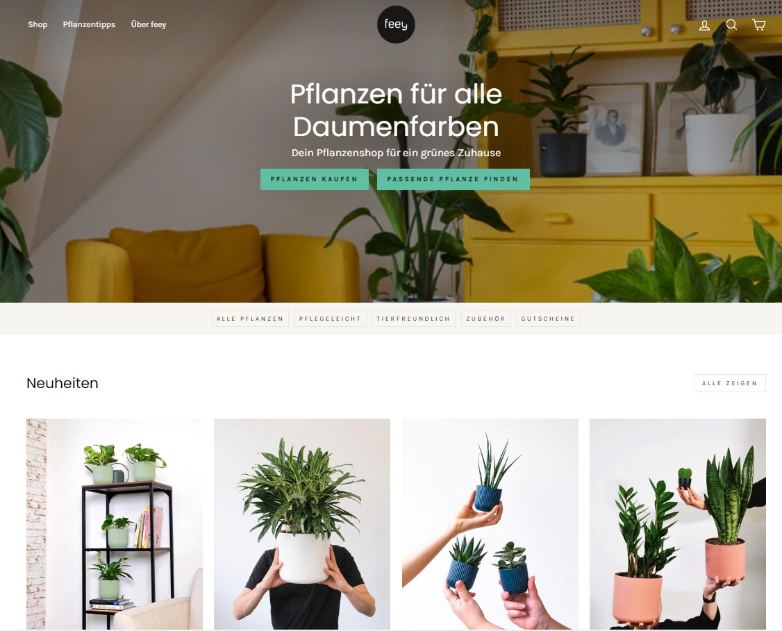 Ein Screenshot des Shops von feey. Ein gut gestalteter Shop ist ausschlaggebend für dein E-Commerce-Marketing.