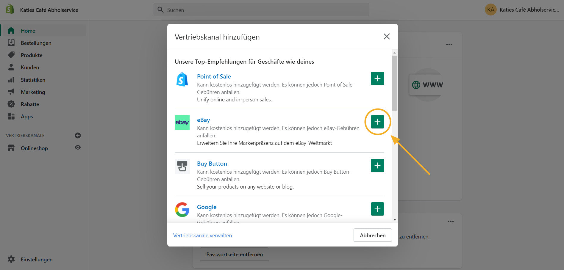 Screenshot des Shopify-Adminbereichs zum Einrichten eines neuen Vertriebskanals, um auf eBay zu verkaufen
