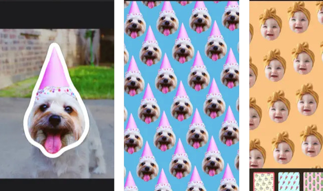 Beispielhafte Darstellung von Story-Hintergründen der Instagram-App Patternator. Der Kopf eines Hundes mit einem Partyhut auf dem Kopf wird freigestellt und vervielfacht auf einen hellblauen Hintergrund kopiert. Daneben ist ein orangefarbener Hintergrund mit mehreren freigestellten Gesichtern eines Kindes zu sehen. Mit dem Instagram-Tool Patternator kannst du individuelle Hintergründe für deine Instagram-Stories erstellen.