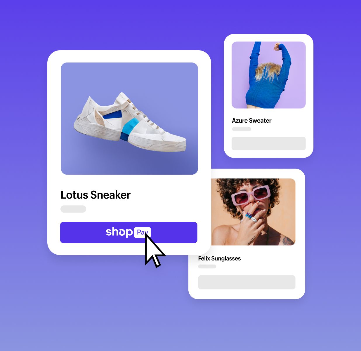 Voorbeelden van de mobiele checkout van Shop Pay voor sportschoenen, een blauwe trui en een hippe roze zonnebril.
