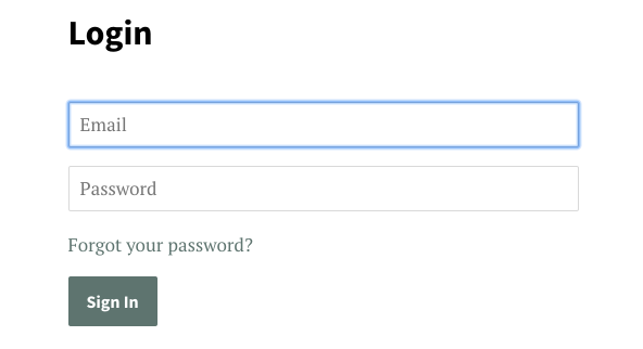 A customer login screen on an online store that shows form fields for Email and Password. The Email field is outlined in blue.