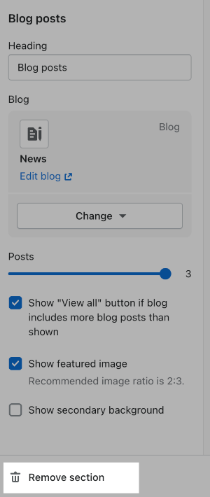 Remove a section using the Remove section button