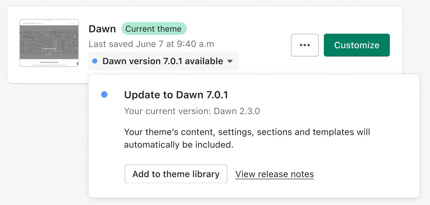 Sample online store with a verified Dawn theme update available.