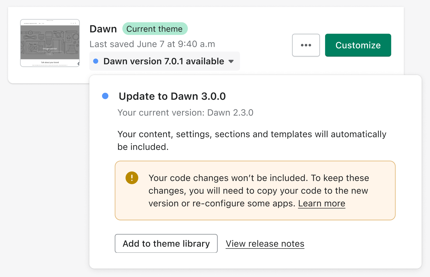 Sample online store with a code changed Dawn theme update available