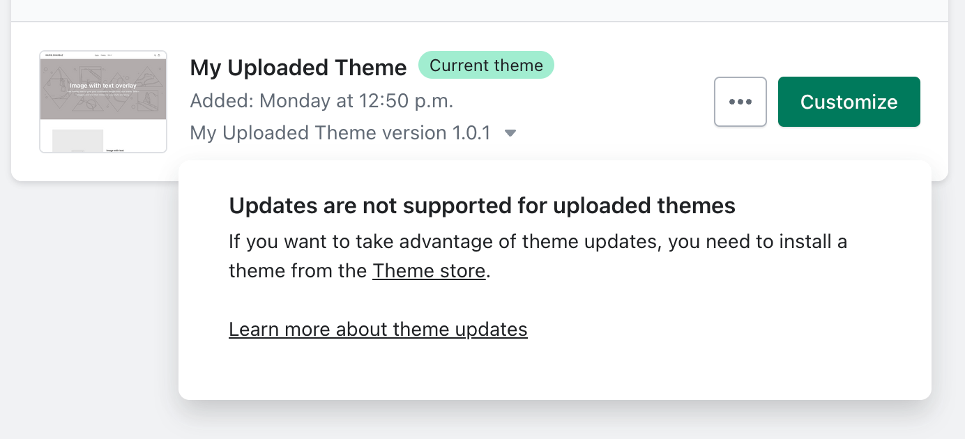 Sample online store with a theme that does not support updates because it was not from the theme store