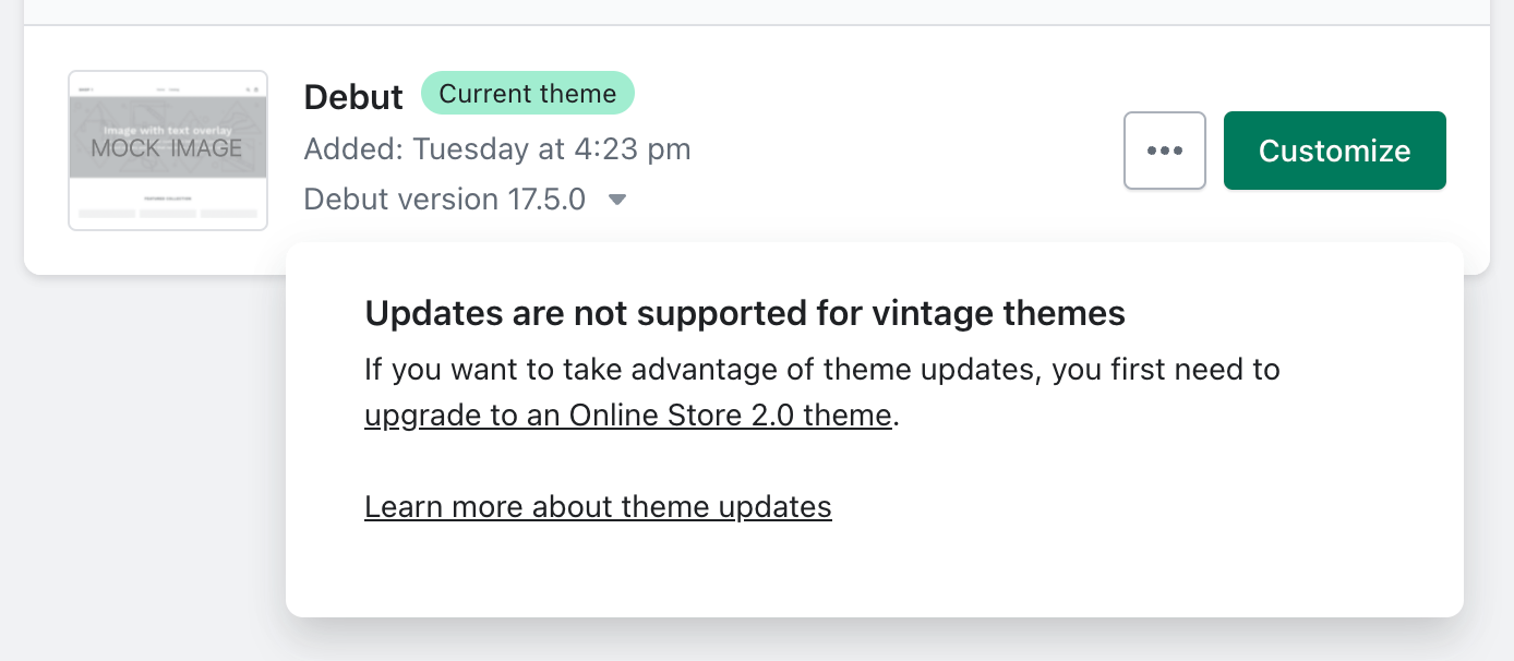 Sample online store with a theme that doesn't support updates because it's vintage