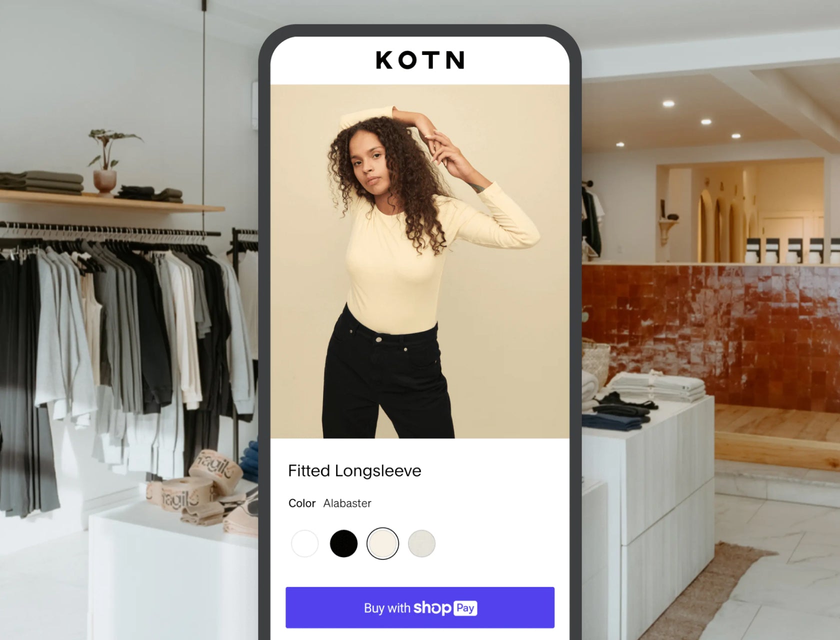 KOTN avec Shop Pay sur un appareil mobile